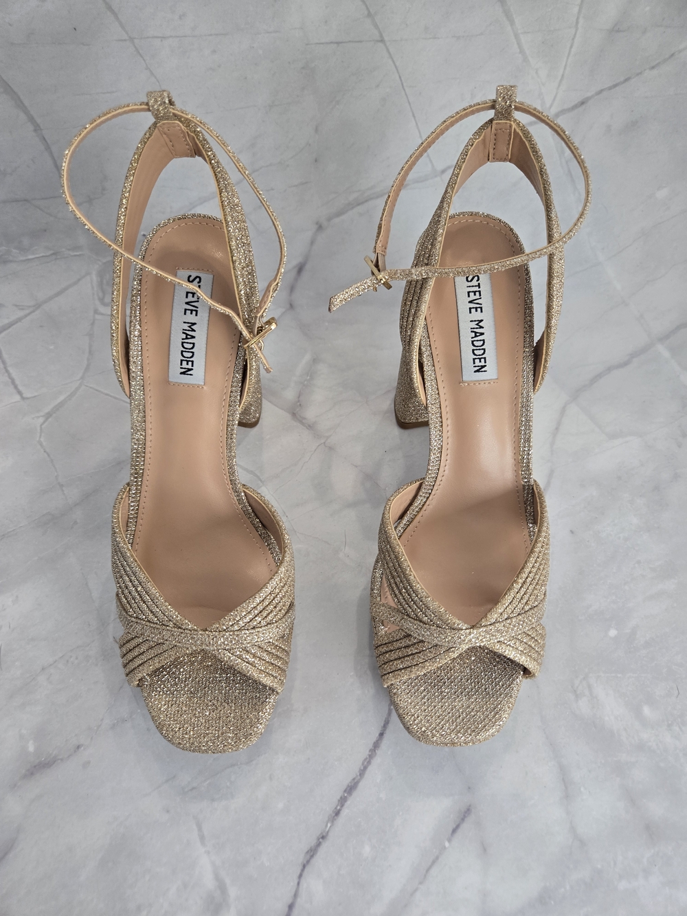 Steve Madden Gold Glitter Ankle-Strap Block Heel Sandals